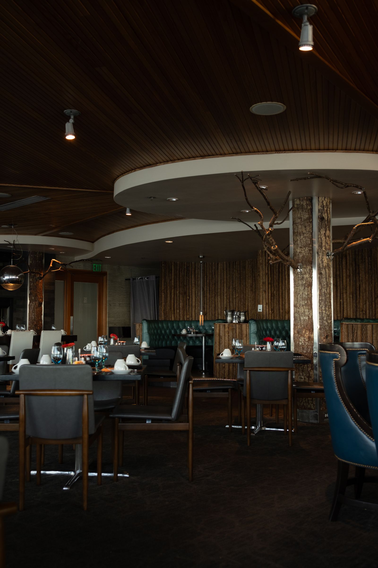 A warm, full dining room