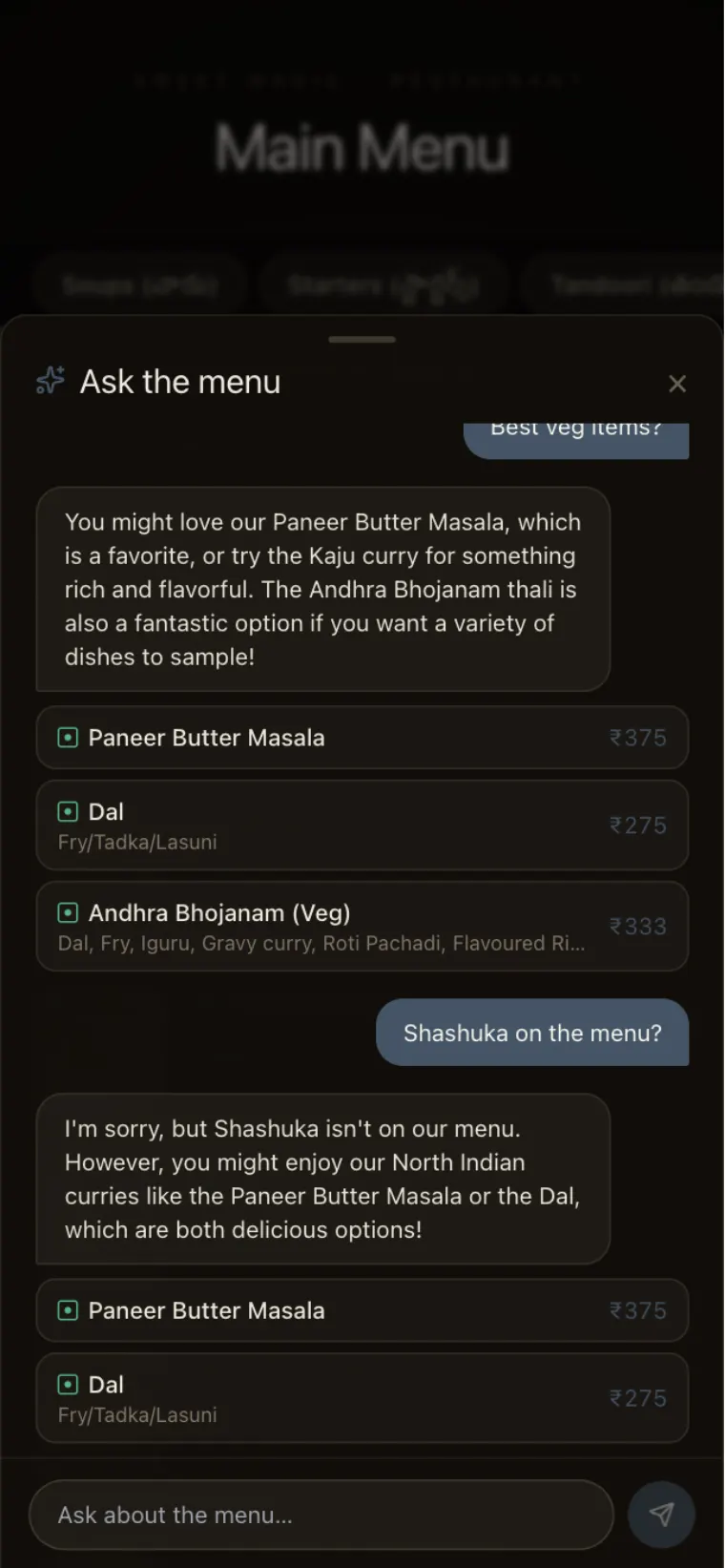 AI menu chat on a phone