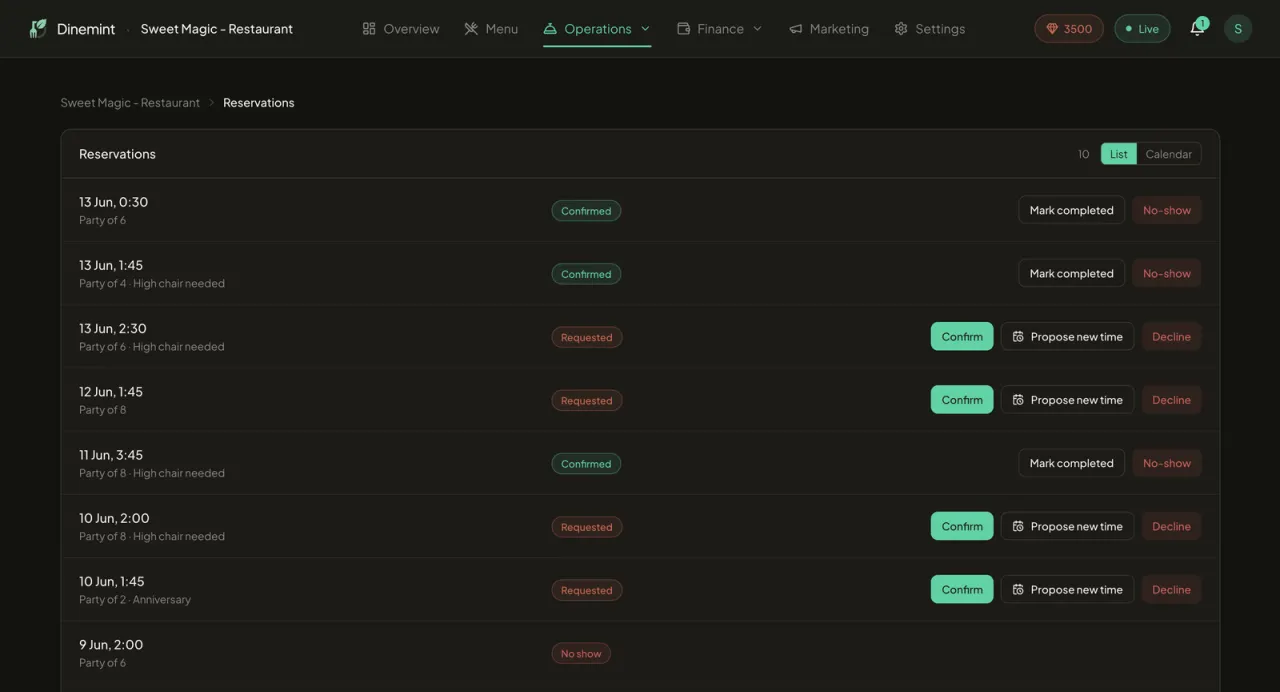 Host and reservations screen